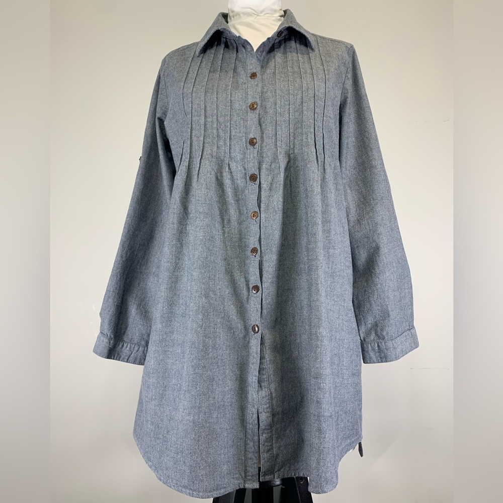 WD•NY Blue Chambray Pintuck Tunic Button Down Size Large